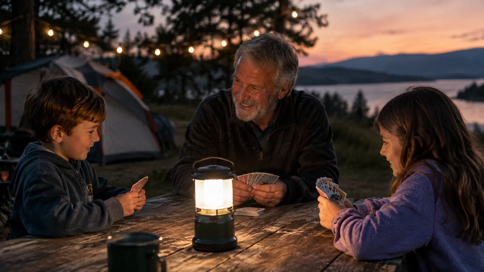 Evening campsite scene with a glowing lantern on a picnic table, an older man and kids gathered around it
