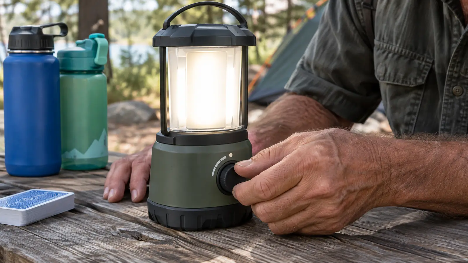 A hand turning the dial on a rechargeable LED lantern on a picnic table