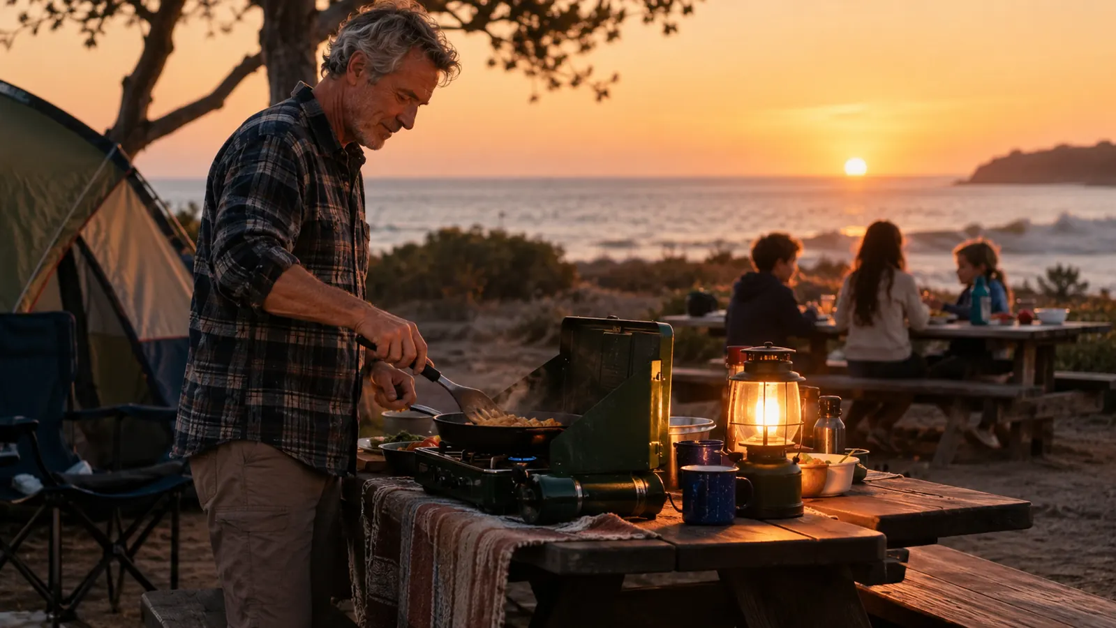 A lantern glowing on a picnic table beside a camp stove while dinner is cooked