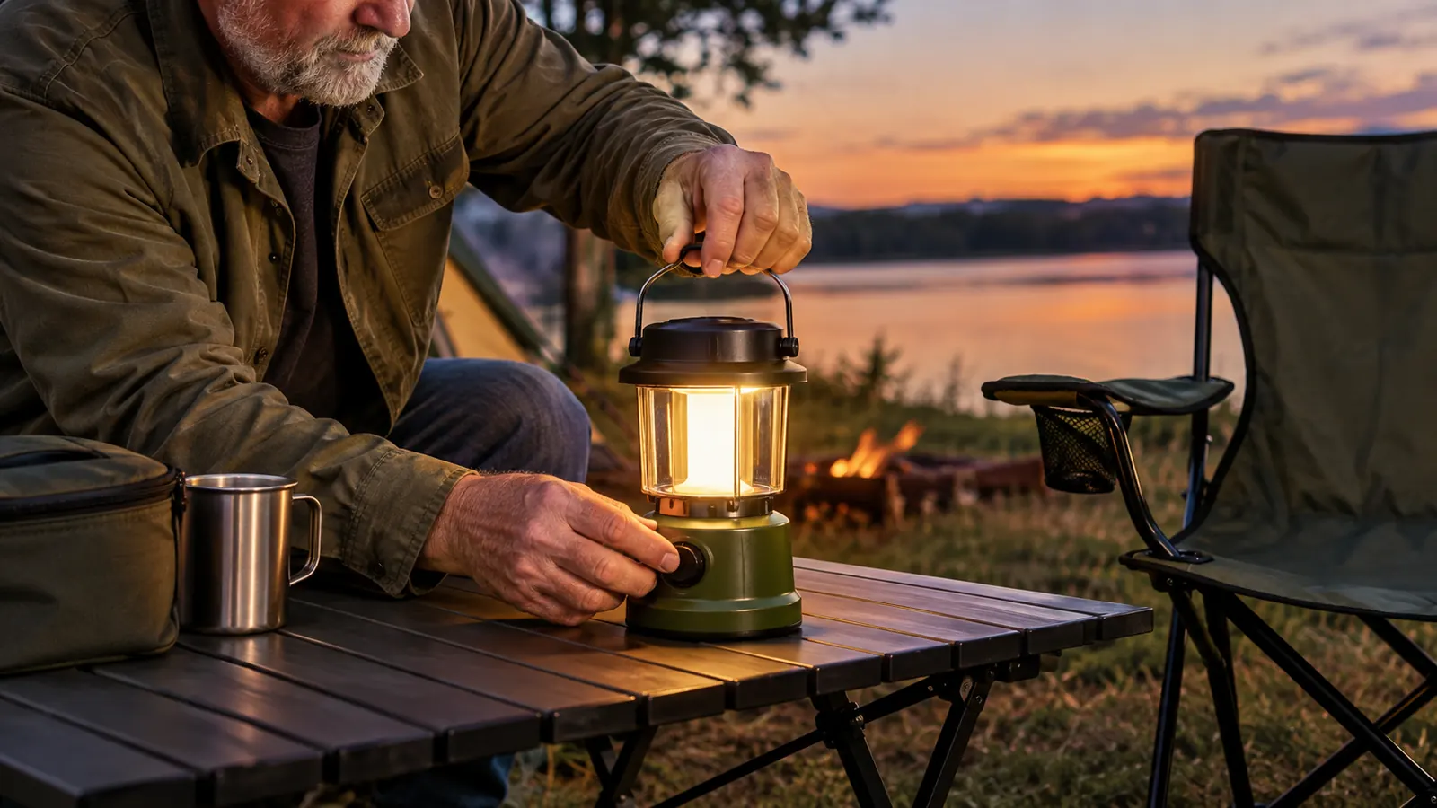 An older man's hand adjusting a camping lantern on a camp table beside a chair