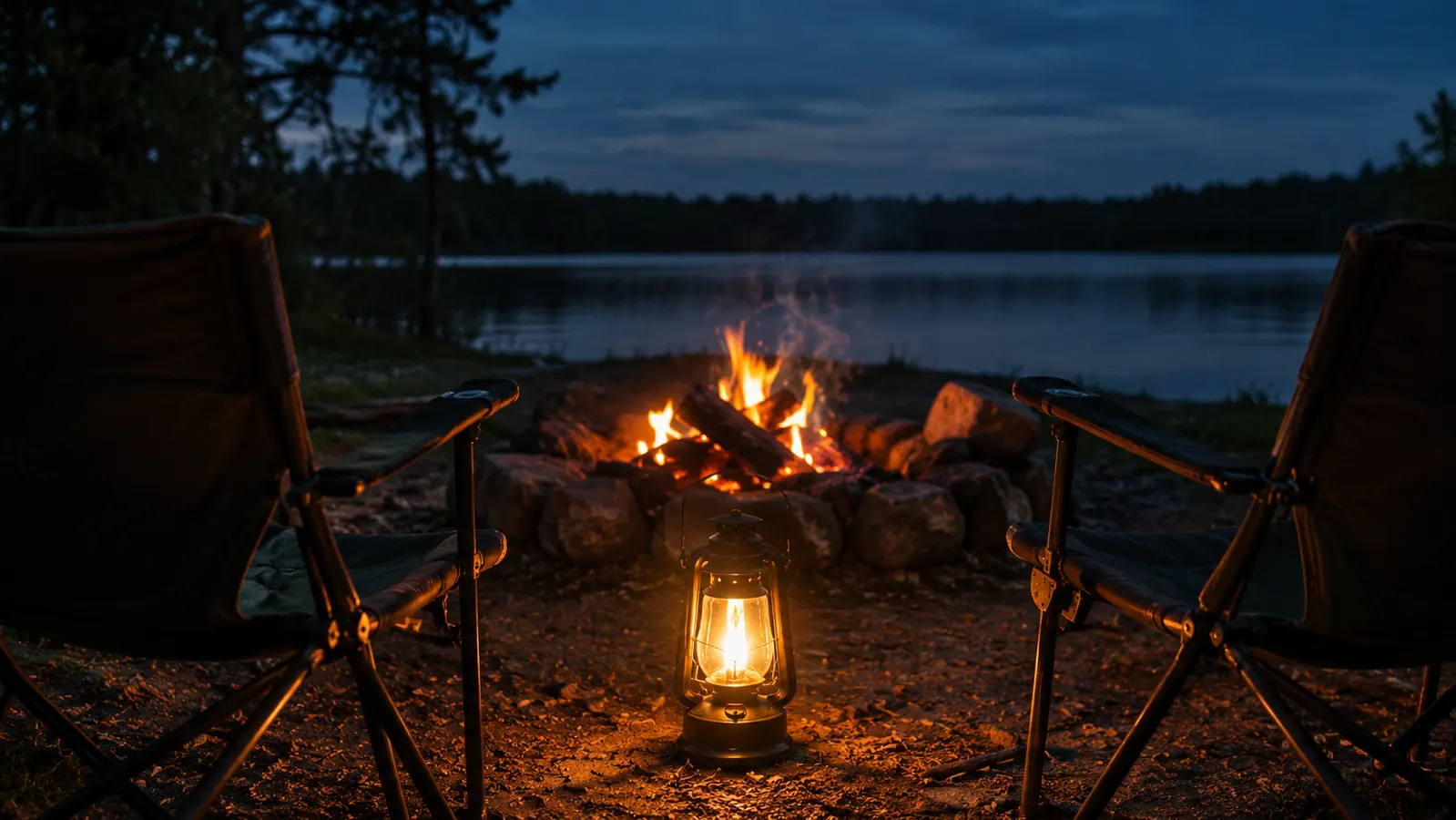 A lantern glowing on the ground between two camp chairs facing a fire pit