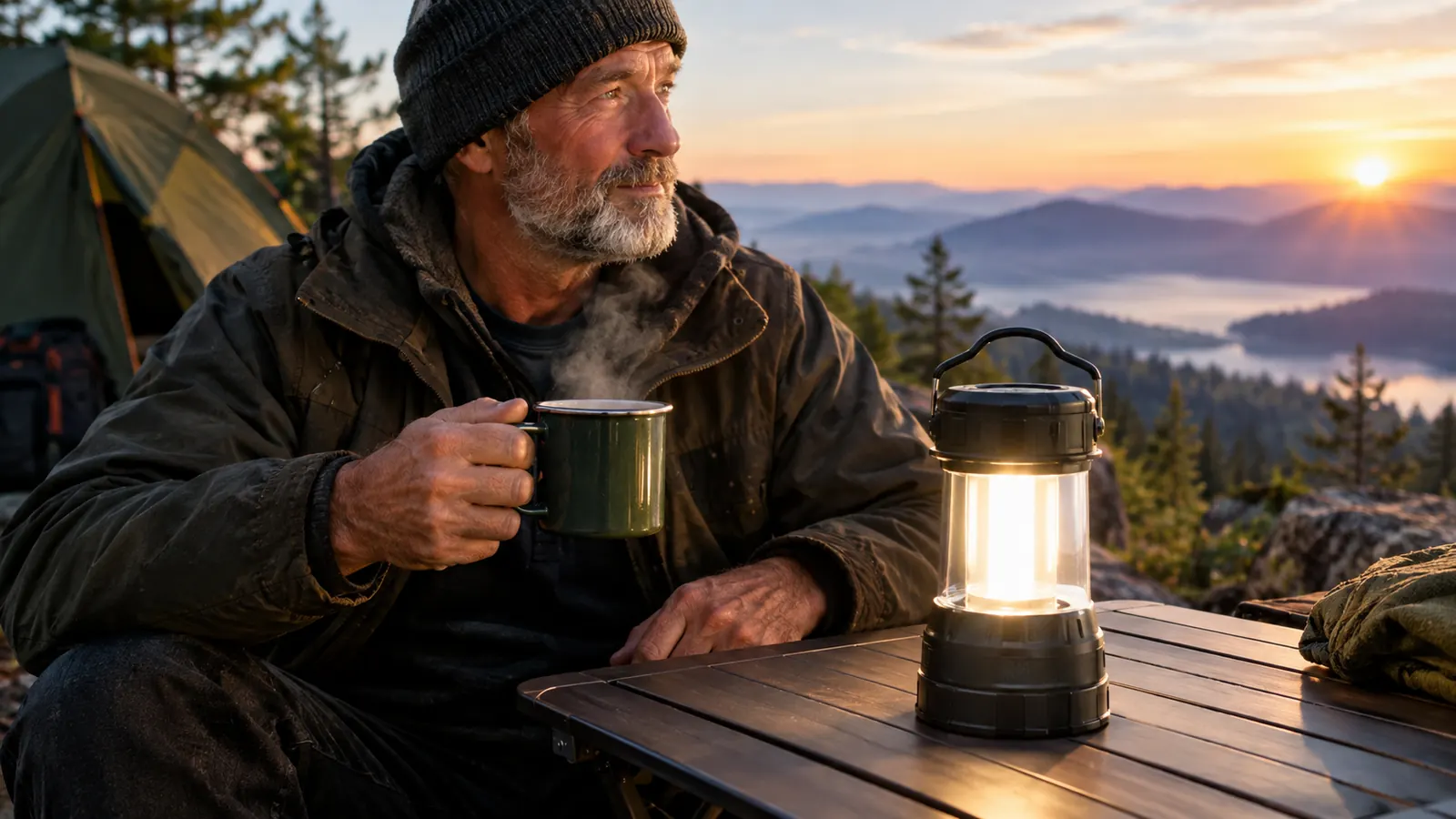 An LED camping lantern glowing on a camp table beside a coffee mug at dawn