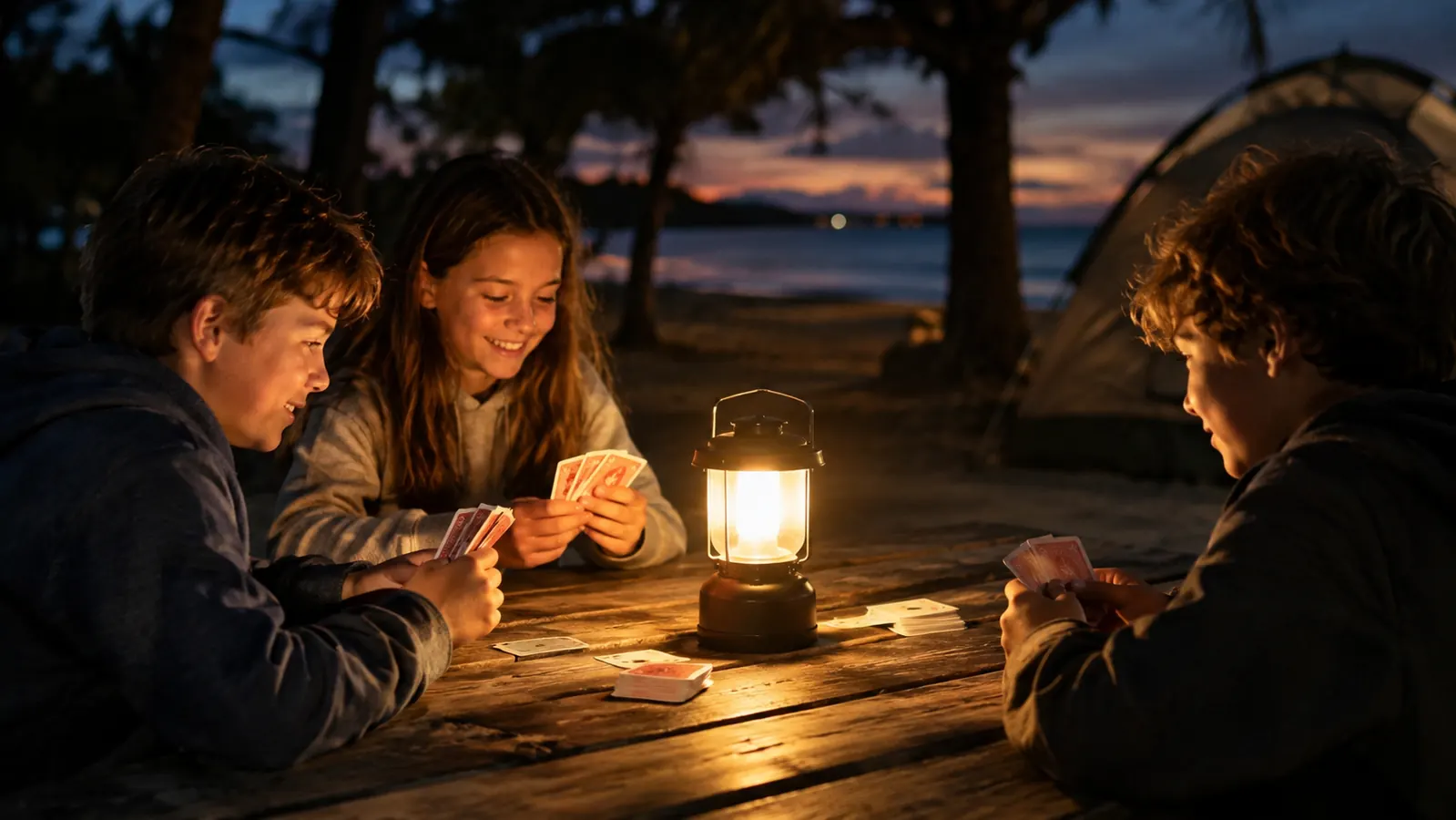 Kids playing a card game at a campsite picnic table lit by a lantern at night
